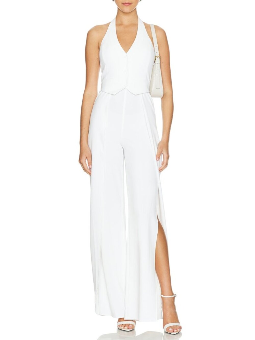 Alice + Olivia Off-White Jumpsuit Robin Halterneck Maxi Split Hem Vest Size 12